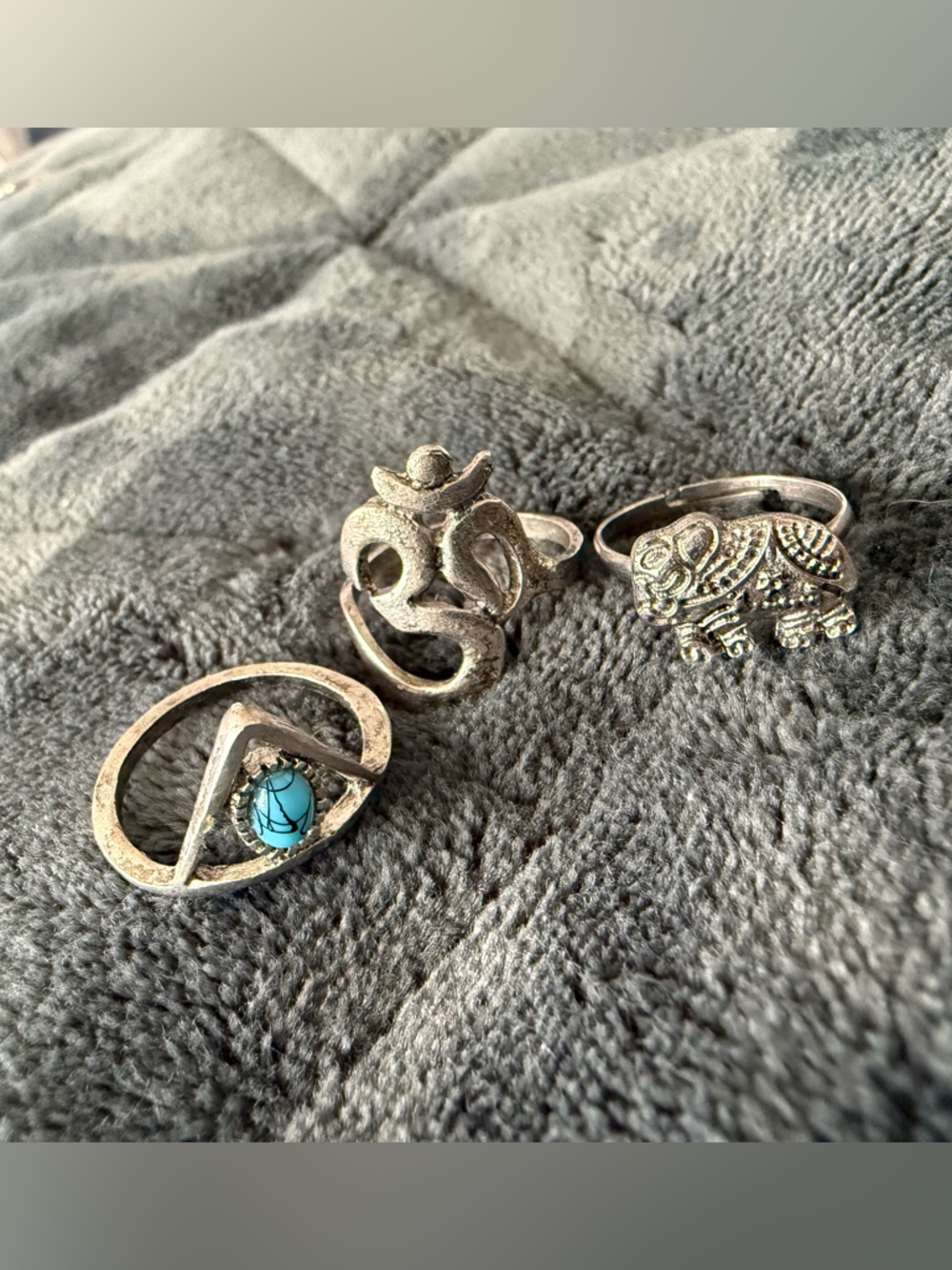 Vintage Silver Tone Turquoise Accent, OM & Elephant Ring Set